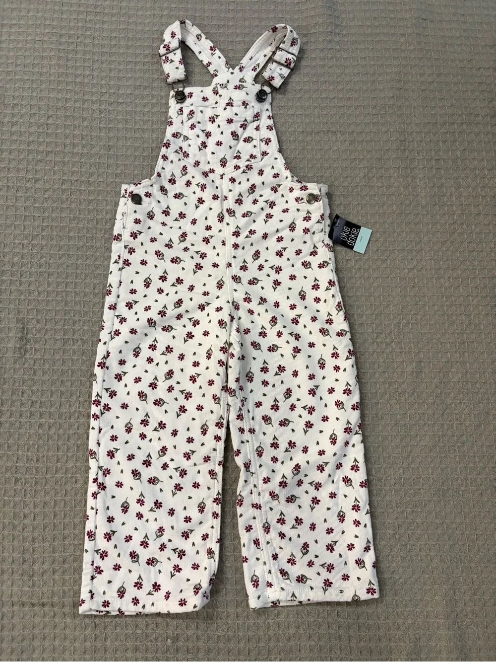 okie dokie White Overalls with Burgundy Floral Print